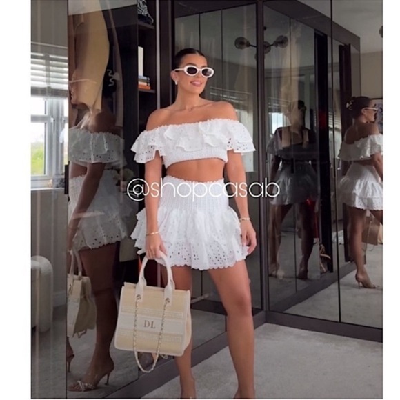 CASA B Florence White Cotton Eyelet Off Shoulder Ruffle Top & Skirt Set - Picture 6 of 9